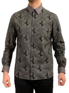 Scuderia Ferrari Men's Gray Signature Print Long Sleeve Shirt US L IT 52